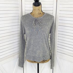 Mudd Marbled Lace Up Neck Knit Shirt Gray Tan Small Long Sleeve
